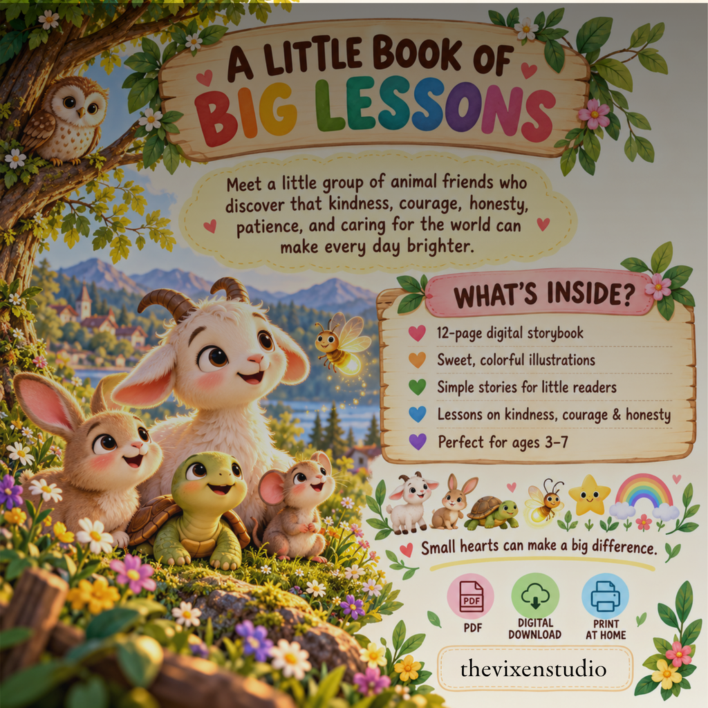  children's digital storybook titled 'A LITTLE BOOK OF BIG LESSONS' by thevixenstudio. The design features a whimsical forest illustration with a sheep, rabbit, turtle, owl, and bee, surrounded by flowers and foliage.
