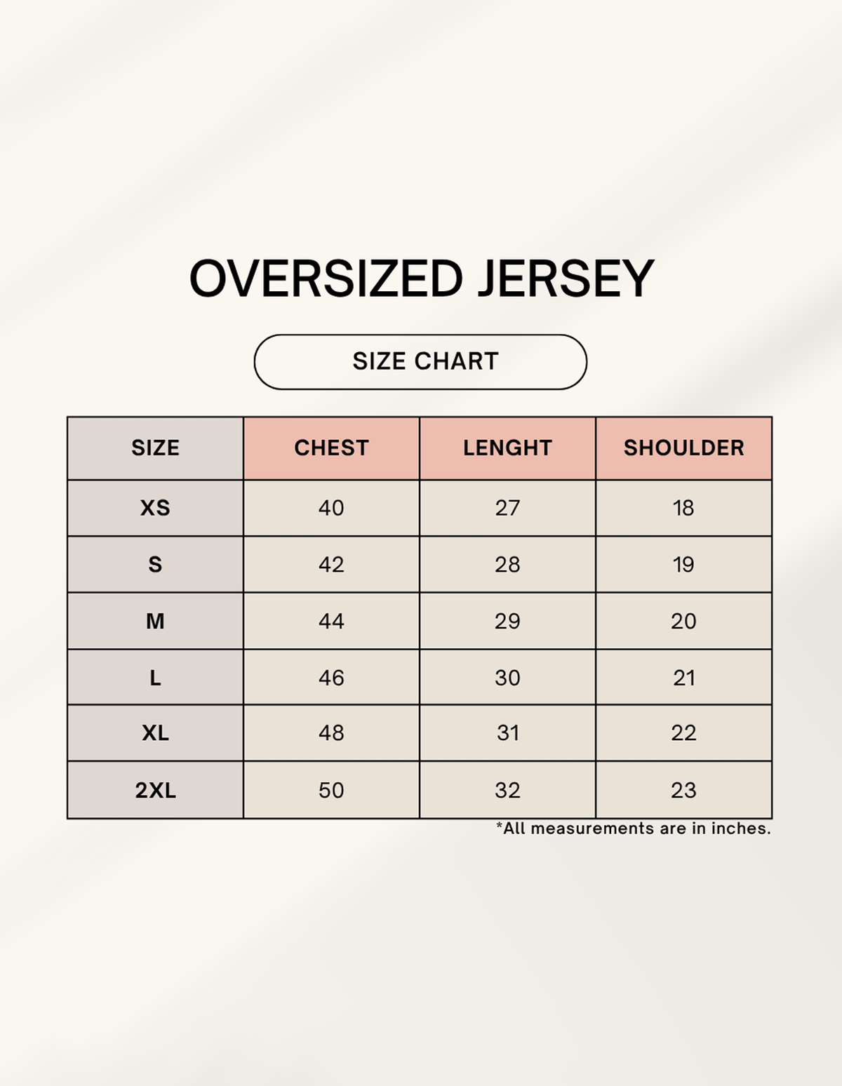 Unisex oversized T-shirt size chart