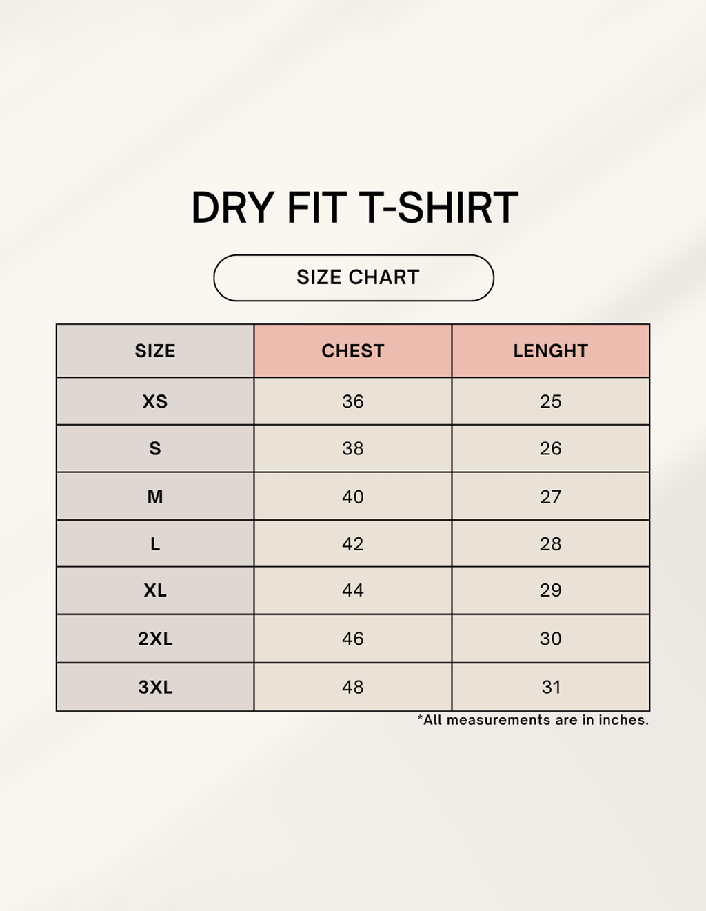 Unisex DryFit T-shirt size chart