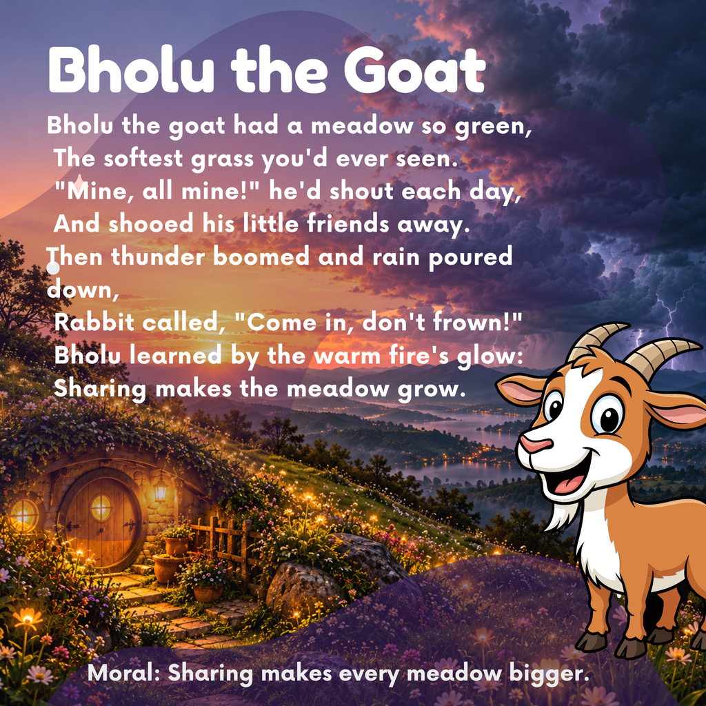 A children's story poster titled 'Bholu the Goat' with a colorful illustrated landscape, a small hobbit-style house, and a cartoon goat on the right. The text tells a fable about a green meadow and sharing, with a moral at the bottom.