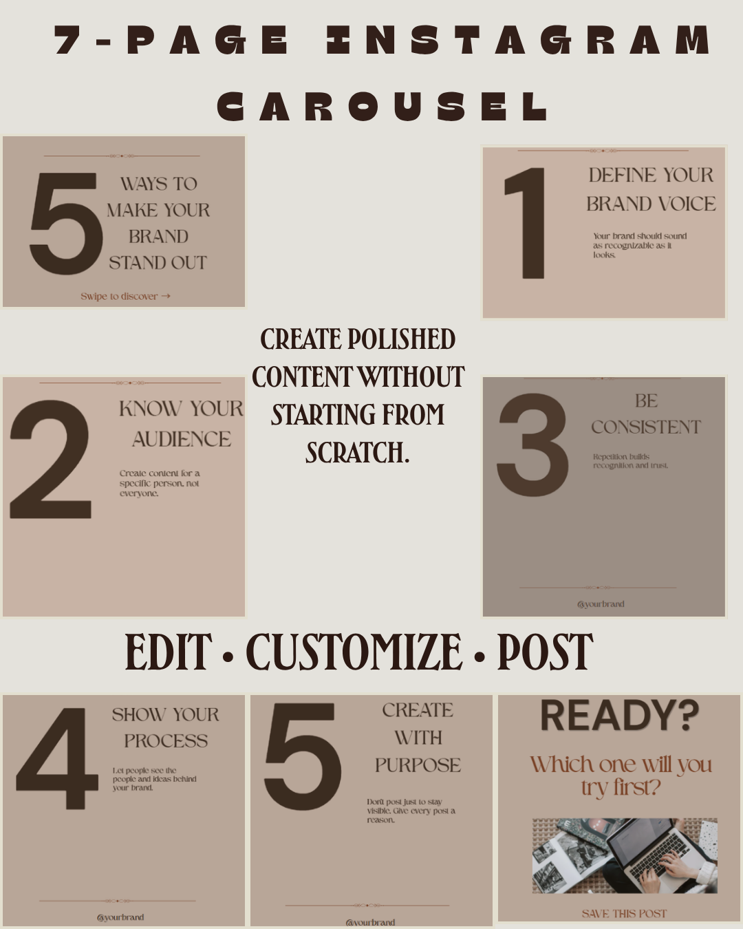 7-page editable Instagram carousel templates for branding and social media content