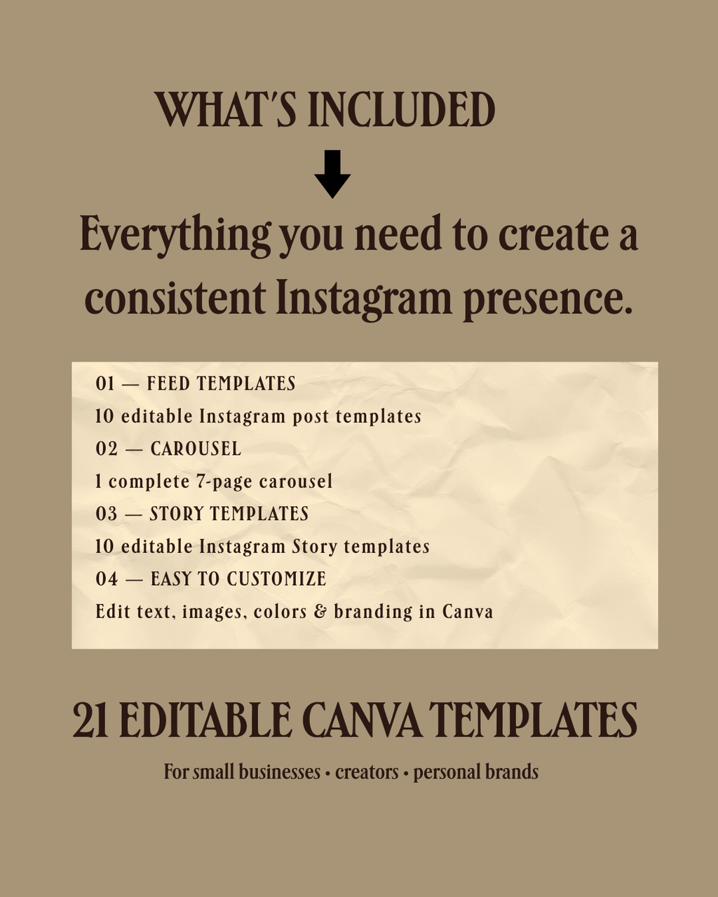 What's included in the Instagram Canva template kit with 21 editable social media templates
