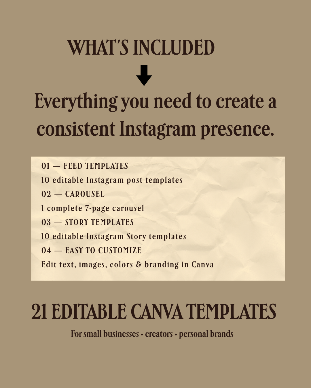 What's included in the Instagram Canva template kit with 21 editable social media templates
