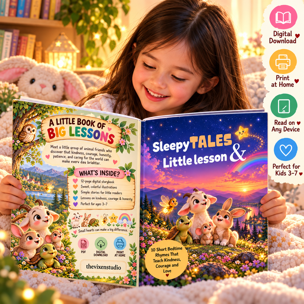 Child reading Sleepy Tales & Little Lessons digital bedtime storybook with moral rhymes